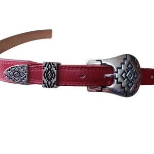 VTG Nacona Western Belt Red Leather SZ 34 Southwest Silver Buckle & Tip USA